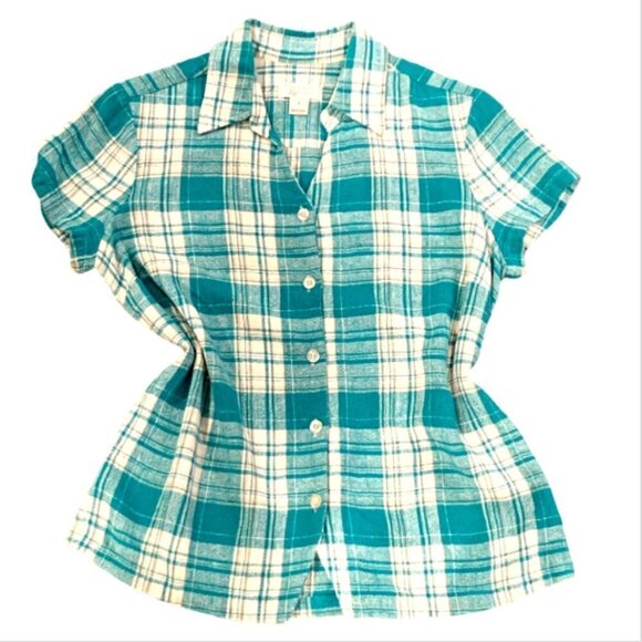 Christopher & Banks Linen Blend Plaid Short Sleeve Button Up Top Sz S #44F - Picture 1 of 8
